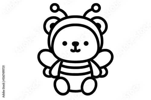 Cute bear character dressed as a bee with big wings and a friendly smile, suitable for coloring activities and children's art