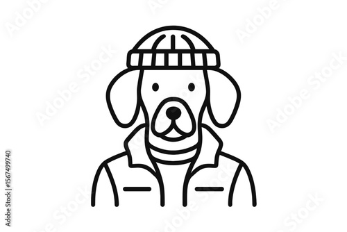 Dog wearing a beanie and jacket, styled as a cartoon character, showing a playful yet cozy winter vibe
