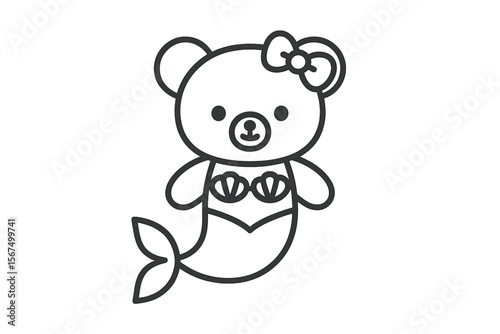 Cute cartoon bear mermaid character swimming in a playful pose, featuring seashells and a bow on its head, designed for children's art