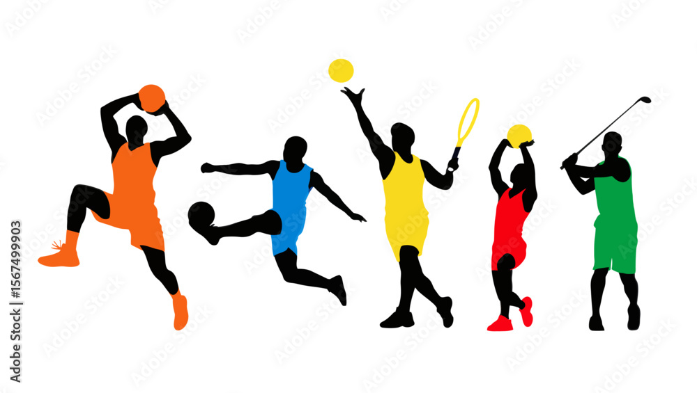 Fototapeta premium Colorful silhouettes of athletes playing various sports: basketball, soccer, tennis, golf, and volleyball.