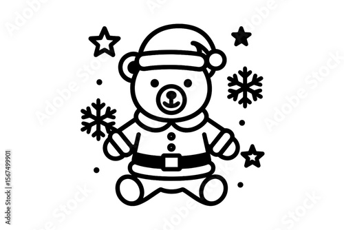 Cute bear in a Santa outfit surrounded by snowflakes and stars for holiday celebrations in a festive winter setting