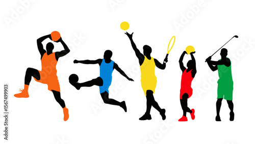 Colorful silhouettes of athletes playing various sports: basketball, soccer, tennis, golf, and volleyball.