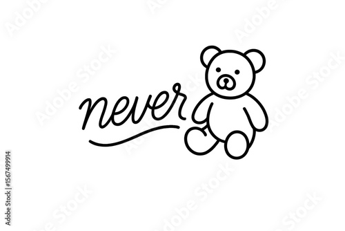 Cute bear illustration with the word never in playful script, perfect for children's decor and gifts