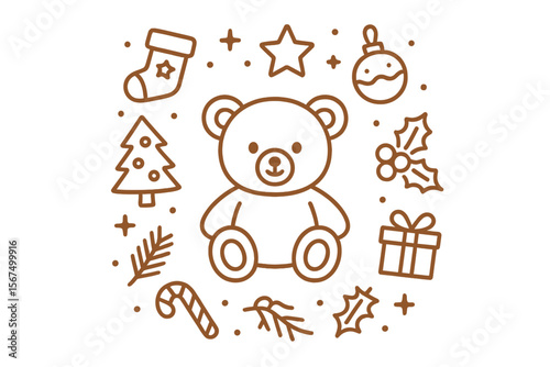 Cute teddy bear surrounded by Christmas decorations including a tree, stars, stockings, and gifts in a joyful holiday setting