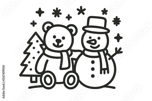 Winter celebration featuring a bear and a snowman with a Christmas tree and stars