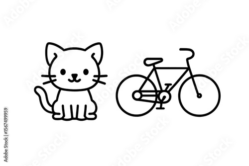 Cute cat sitting next to a bicycle in a simple line art style