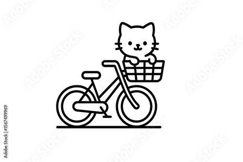 Cute cat sitting in bicycle basket ready for an adventure in a playful illustration