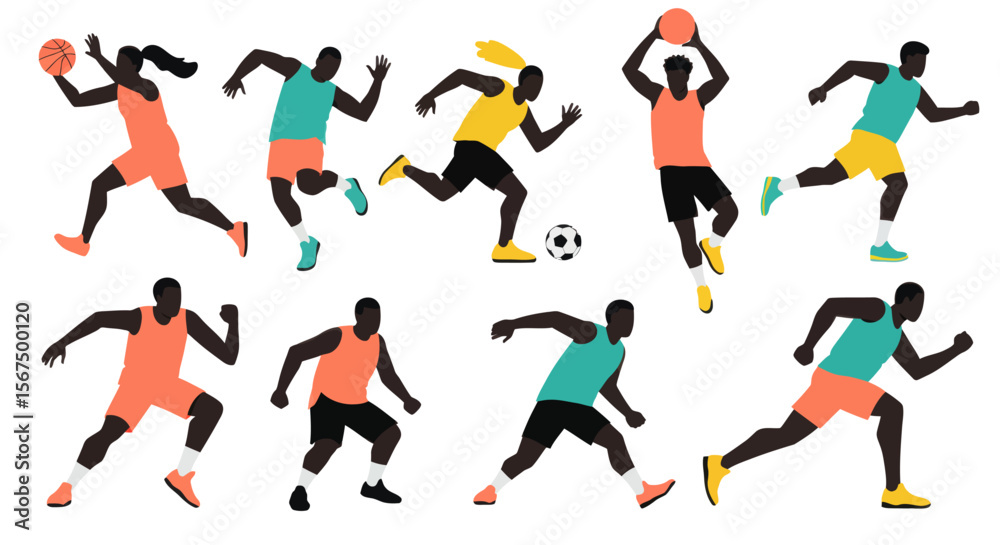 Collection of diverse athletes in various dynamic poses, engaged in sports activities. Collection of diverse athletes in various dynamic poses, engaged in sports activities.