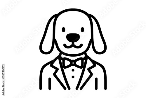 Dog wearing a tuxedo with a bow tie stands proudly, showcasing a charming and elegant appearance suitable for special occasions