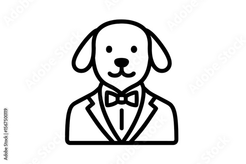 Dog dressed in formal attire wearing a bow tie, sitting poised against a simple background