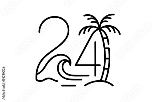 Design with ocean wave and palm tree symbols representing a beach day filled with sunshine and fun activities at the shore