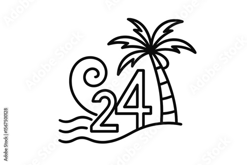 Tropical design featuring a palm tree and wave with the number 24 in a beach setting