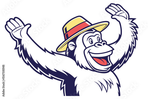 Smiling ape in clown costume holds vibrant balloon, presenting a fun visual