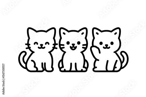 Three cute cartoon cats sitting together with cheerful expressions in a simple design setting