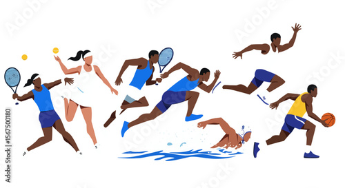 Diverse athletes engaged in various sports, including tennis, running, swimming, and basketball.