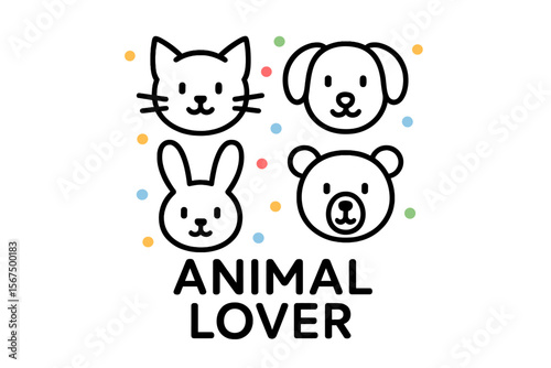 Cute animal lover design showcasing cat, dog, rabbit, and bear heads with colorful dots as playful background elements in a minimalist style