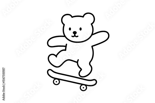 Bear skating on a skateboard in a simple black and white illustration with a playful expression