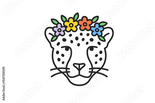 Cheetah head illustration adorned with colorful flowers in a playful and artistic design