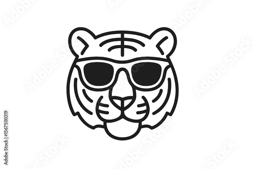 Stylish tiger head wearing sunglasses in minimalist design on a white background represents a fun and trendy vibe