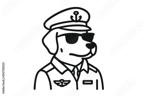 Dog in pilot uniform wearing sunglasses and a cap standing confidently in a playful illustration