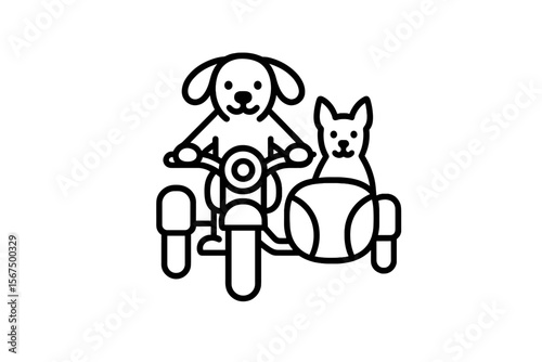 Two dogs on a motorcycle enjoying a ride with a ball in a sidecar during a sunny day