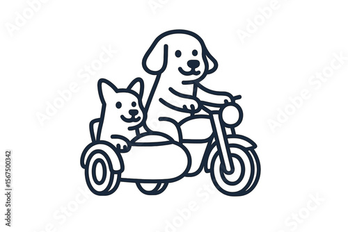 Dogs riding on motorcycle sidecar enjoying a sunny day outdoors with cheerful expressions in a playful setting