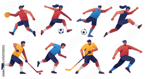 Illustration of diverse athletes playing basketball, soccer, hockey, and running, showcasing various sports activities.