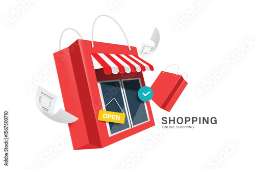 Store or shop with red shopping bag shape and pop-up order confirmation icon in front and open sign hanging at the entrance, Vector 3d isolated for online shopping promotion advertising design