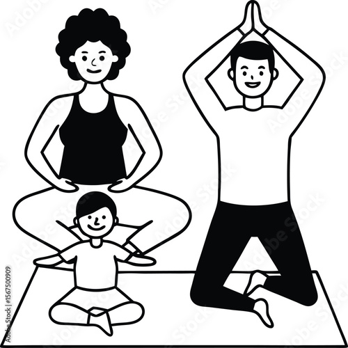 Black family doing yoga together at home wellness and fitness in living room, Family yoga indoor session,African parents kids workout,Together yoga time home