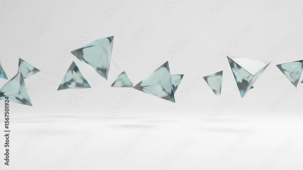 Floating Crystal Triangles: Abstract Geometric Motion Graphics on White Background