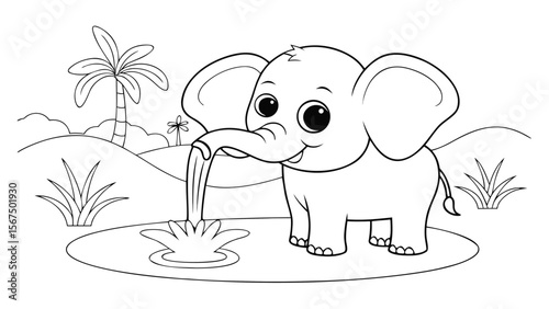 Cute baby elephant spraying water from trunk in nature pond palm tree