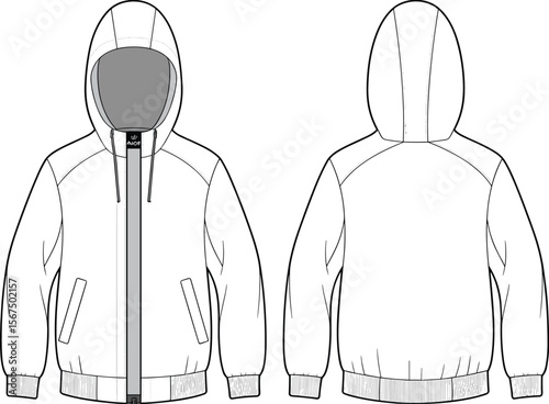 Flat Vector CAD Drawing Front And Back Technical Hoodie With Hood Zipper Rib Hem Sleeve Cuff Pockets Design Illustration