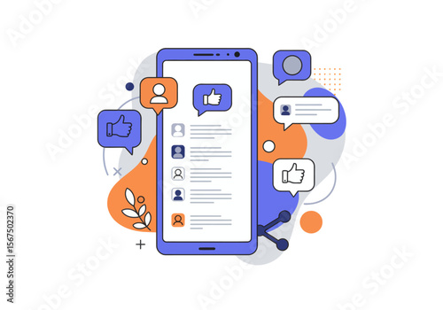 A stylized illustration of a smartphone displaying social media interactions and user profiles.