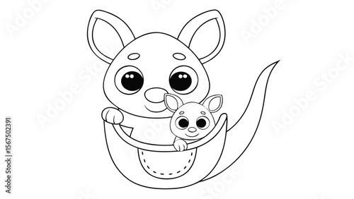 Black and white illustration of a cartoon kangaroo with joey in pouch vector