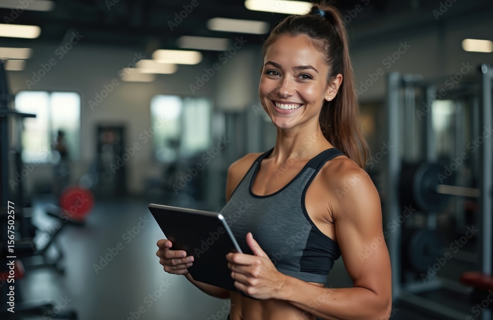 Fototapeta premium Muscular female personal trainer smiles holding tablet in gym. Fit woman instructor, activewear clad, ready for training session. Health, strength, confidence focus. Online fitness coaching tool.