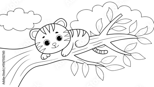 Cute cartoon tiger cub resting on a tree branch with leaves and a cloud illustration line art