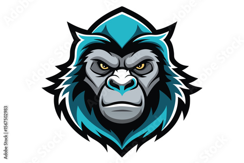 Fierce gorilla head gazes intensely with its gray fur and teal mane