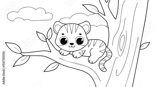Cute tiger cub resting on a tree branch with clouds cartoon line art