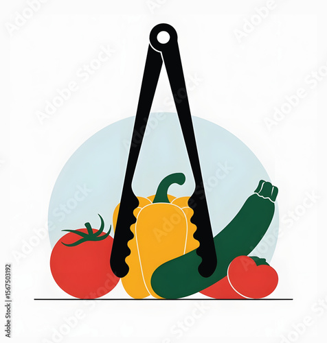 Vegetable Tongs with Colorful Fresh Produce Illustration