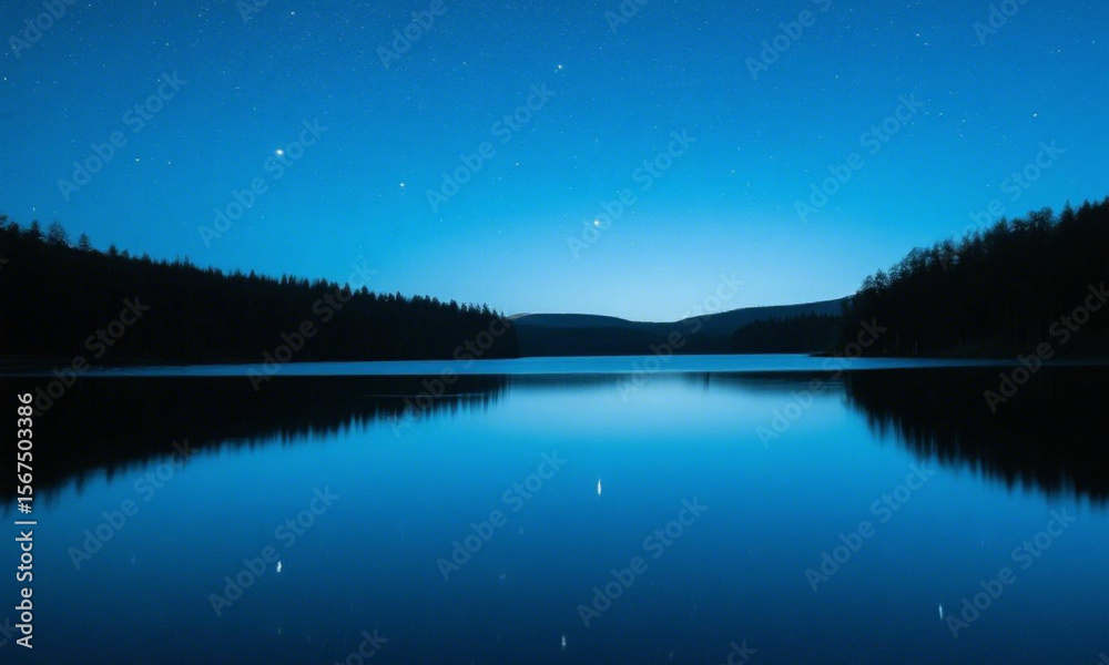 Fototapeta premium A starry night sky over a still lake, with deep blues, reflections of stars, and calm visual harmony — peaceful and poetic