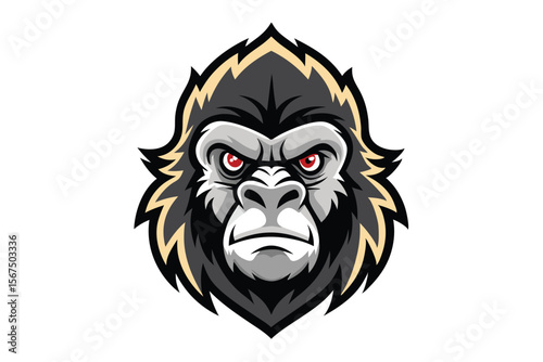 Fierce gorilla head showcases detailed black, gray, and beige fur with intense red eyes