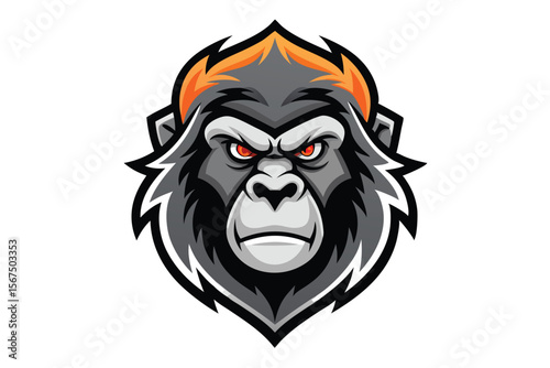 Fierce gorilla with orange hair glares with intense red eyes, ready for action