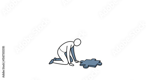 A person, kneeling, struggles to fit a puzzle piece, symbolizing difficulty and problem-solving.