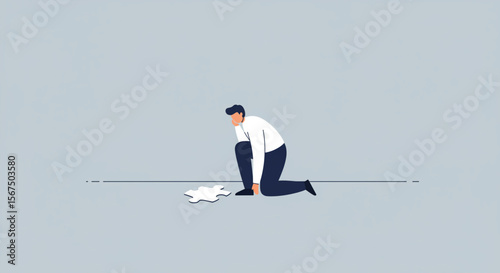 Frustrated businessman kneels, picking up scattered puzzle pieces, symbolizing a challenge or setback.