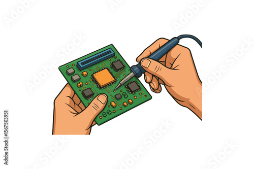 Close up of Hands Repairing Circuit Board Color vector on white background.01