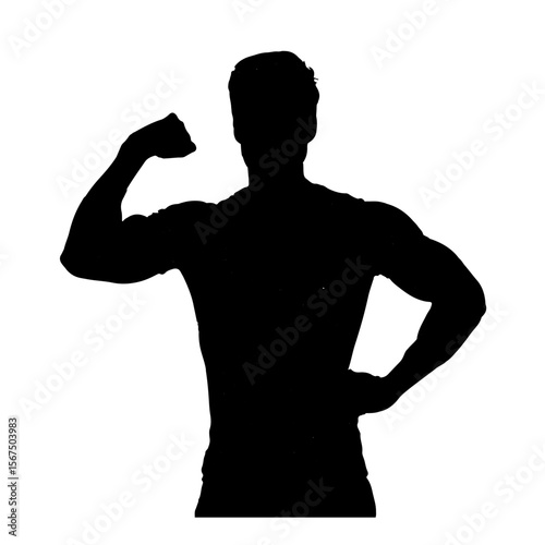 Silhouette of man flexing bicep muscle, isolated on white background, strong male figure representing strength, fitness, and bodybuilding in minimalist vector style.