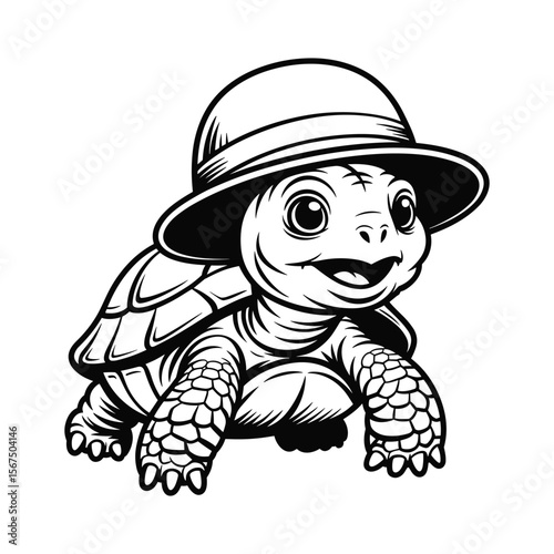 Cute cartoon turtle wearing a hat smiling and looking forward in black and white