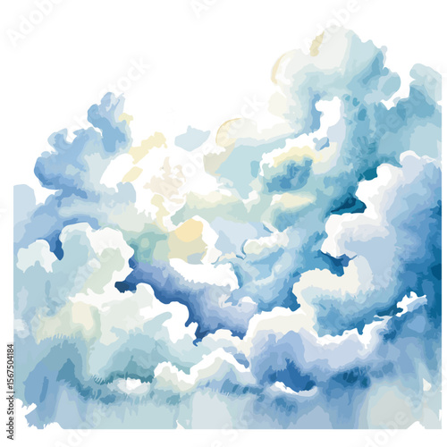 Watercolor Sky Painting – Radiant Sunlight Breaking Through Textured Clouds on Blue Background
