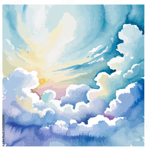 Watercolor Sky Painting – Radiant Sunlight Breaking Through Textured Clouds on Blue Background