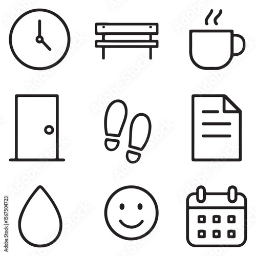 A versatile vector set of office icons, perfect for web design and business illustrations, featuring essential symbols like clocks, computers, and phones